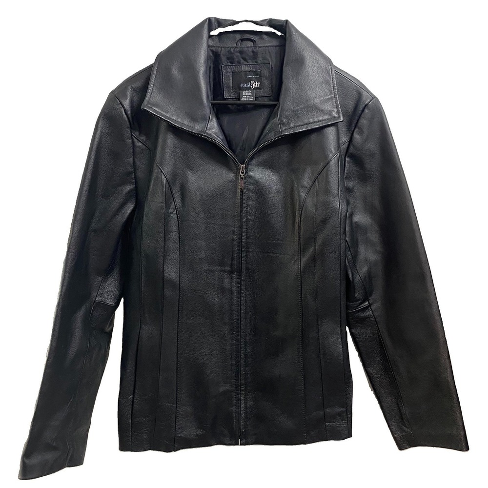 East 5th Genuine Leather Women Black Jacket Pockets Biker Motorcycle Coat EUC L
